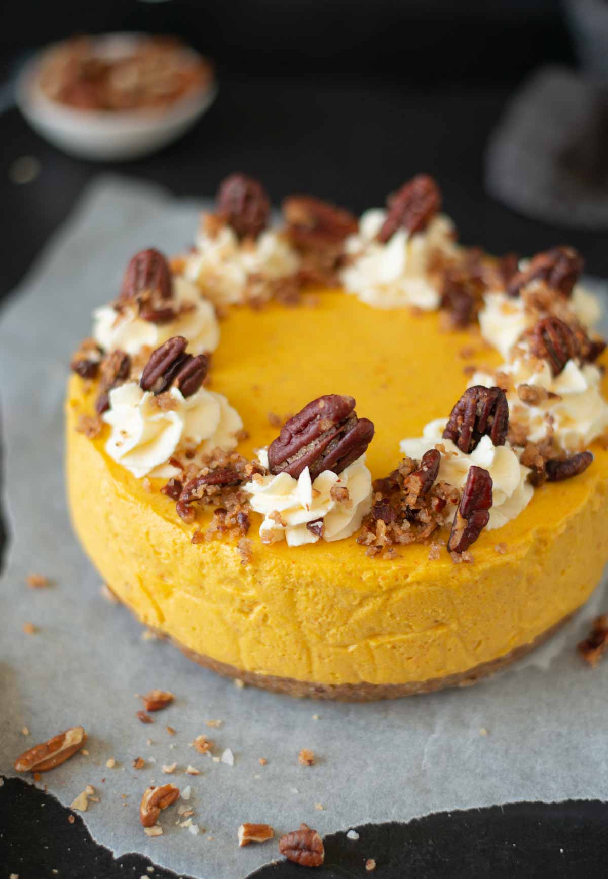 vegan pumpkin cheesecake ready to be served