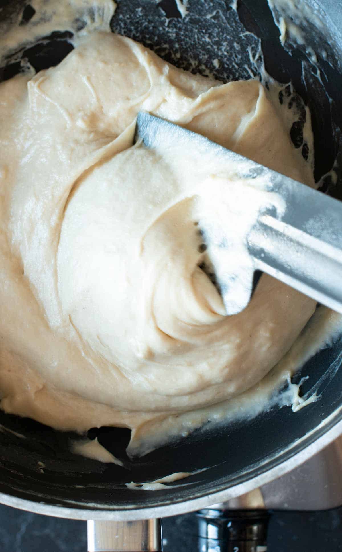 picture of the vegan mozzarella mixture in a pan