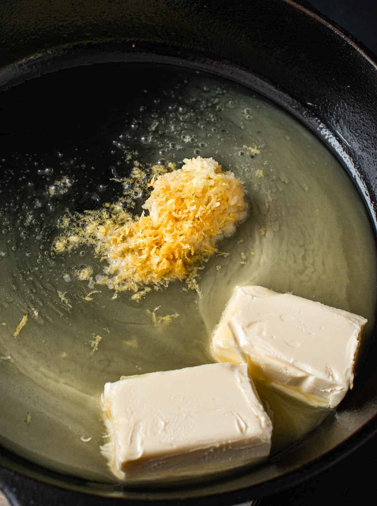 butter and garlic browning in a saucepan