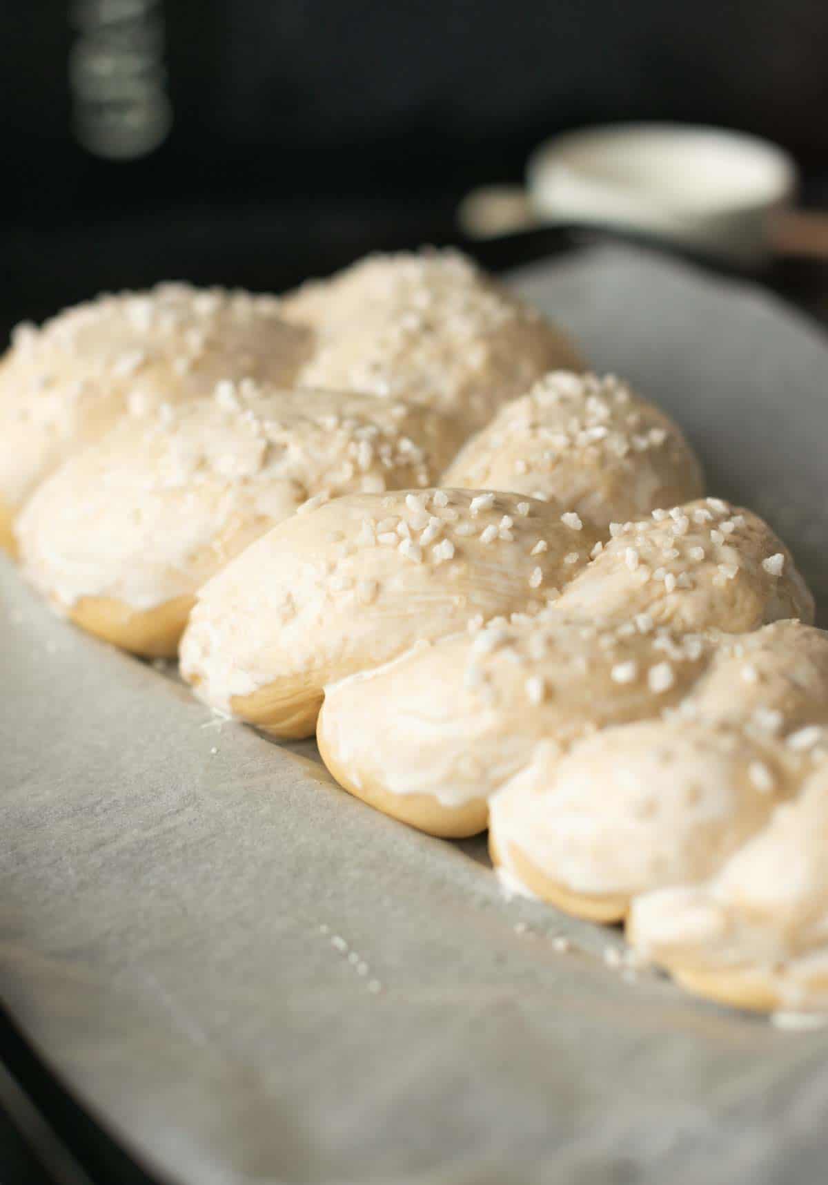 Picture: Bread braided, brushed with soy cream and topped with pearl sugar