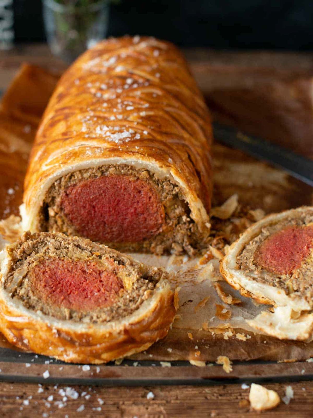 this image shows the vegan seitan Wellington ready to be served.