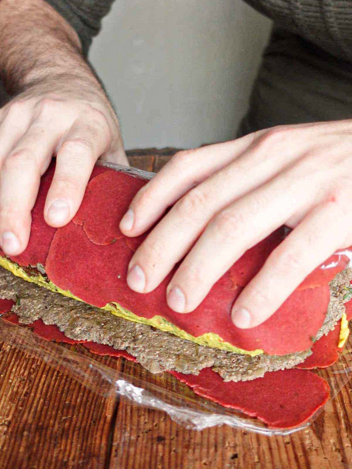 this image shows the vegan seitan Wellington getting assembled.