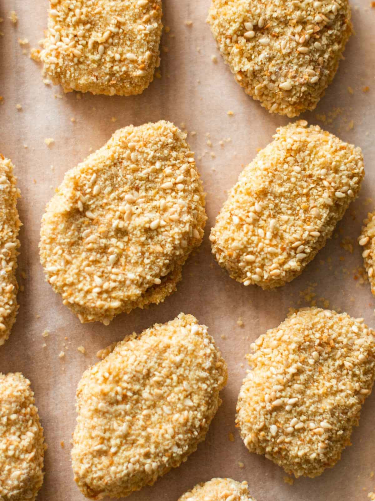 the image shows the vegan chickpea nuggets after being breaded.