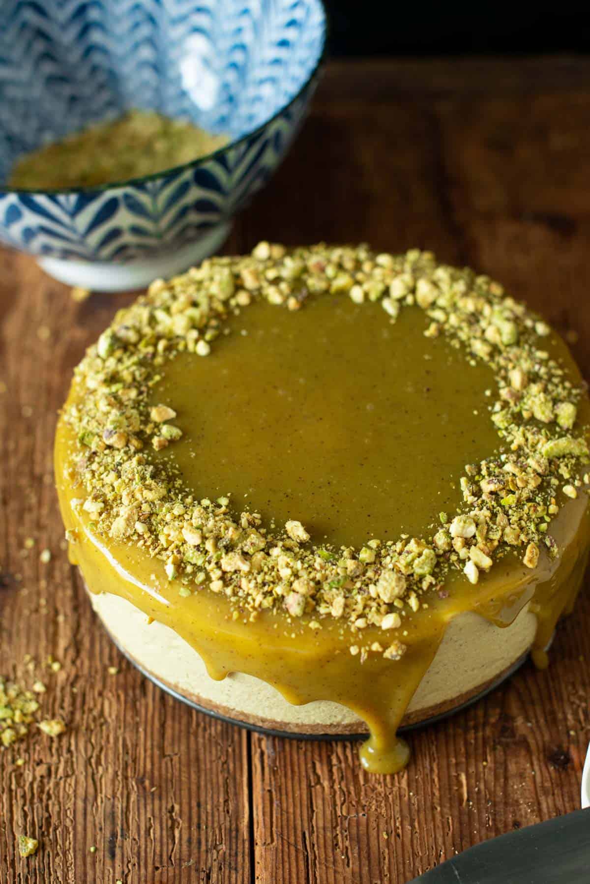 image: vegan pistachio cheesecake on a table