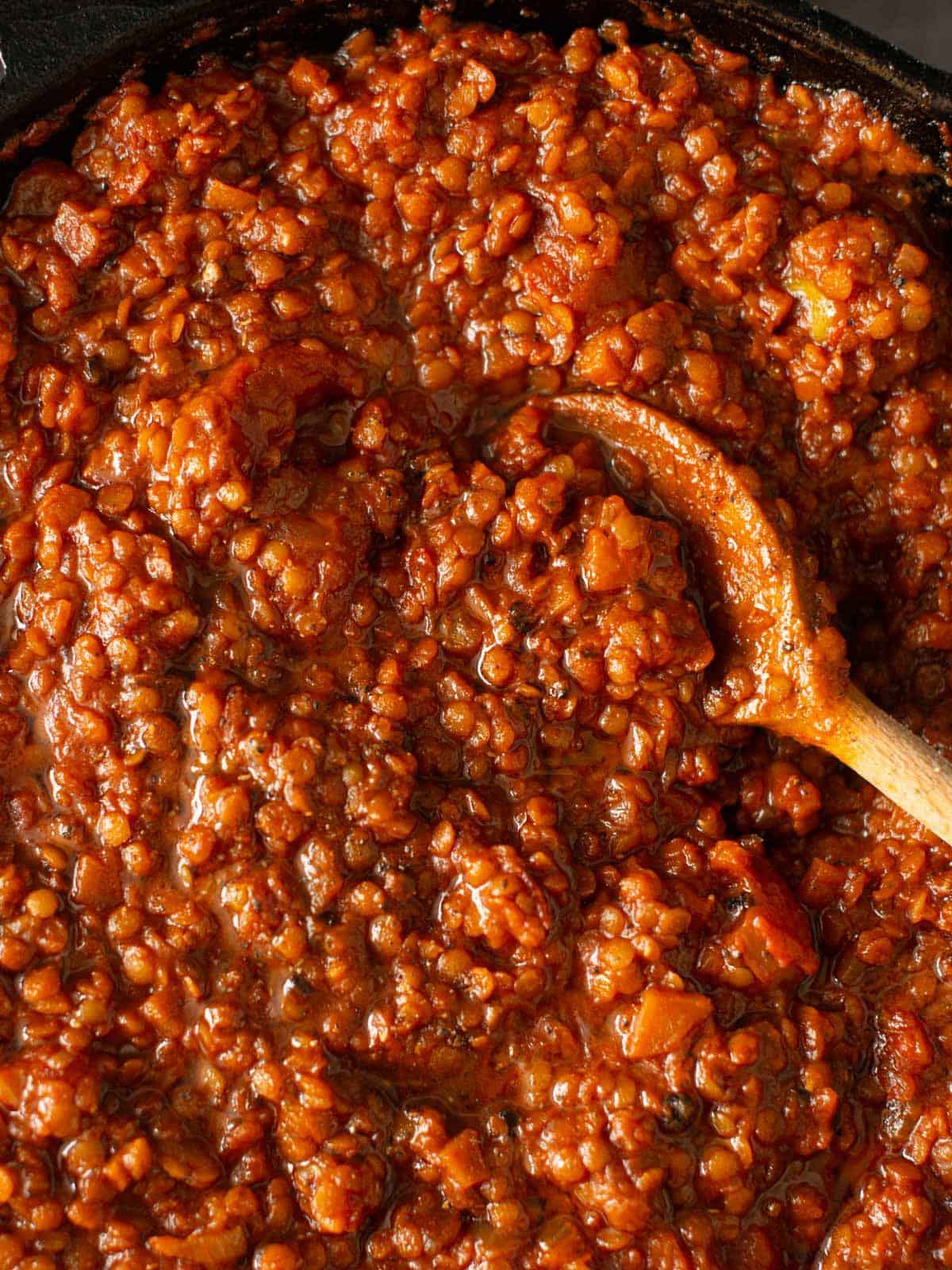 image shows the vegan lentil bolognese ready to be served