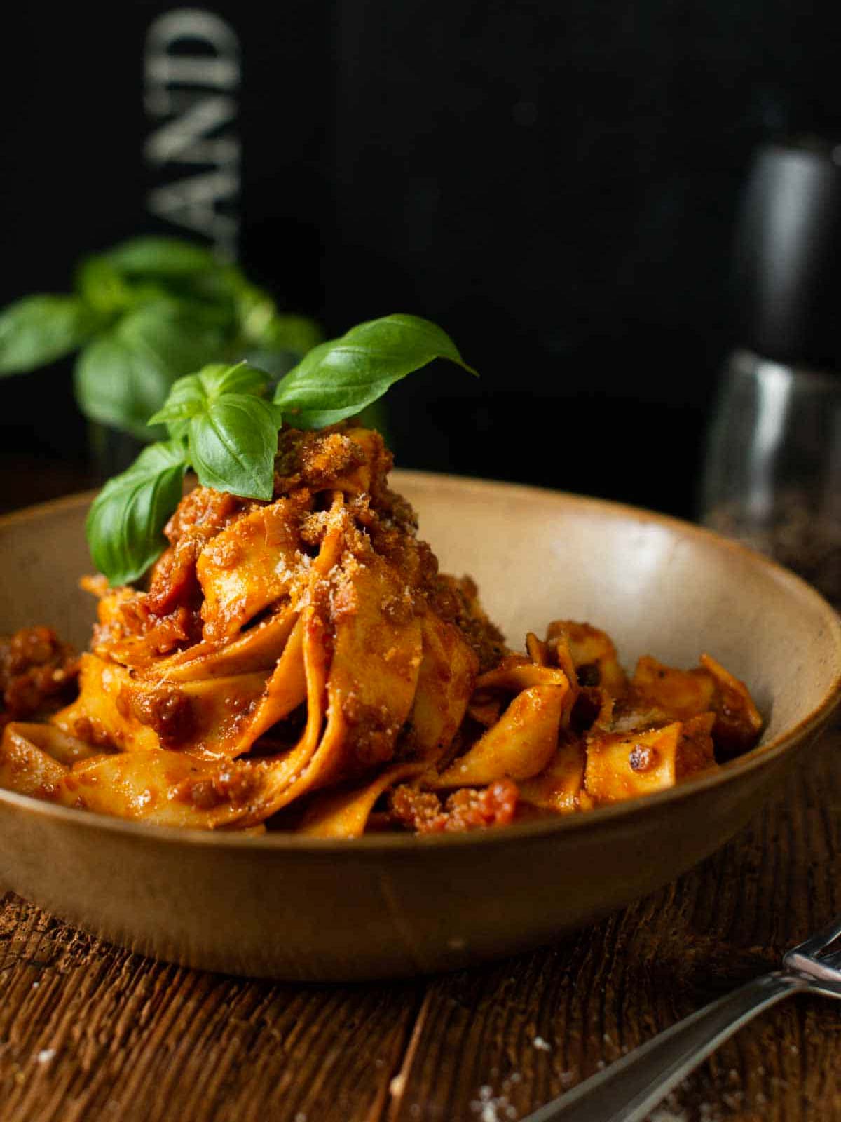 image shows vegan tagliatelle served with the lentil bolognese