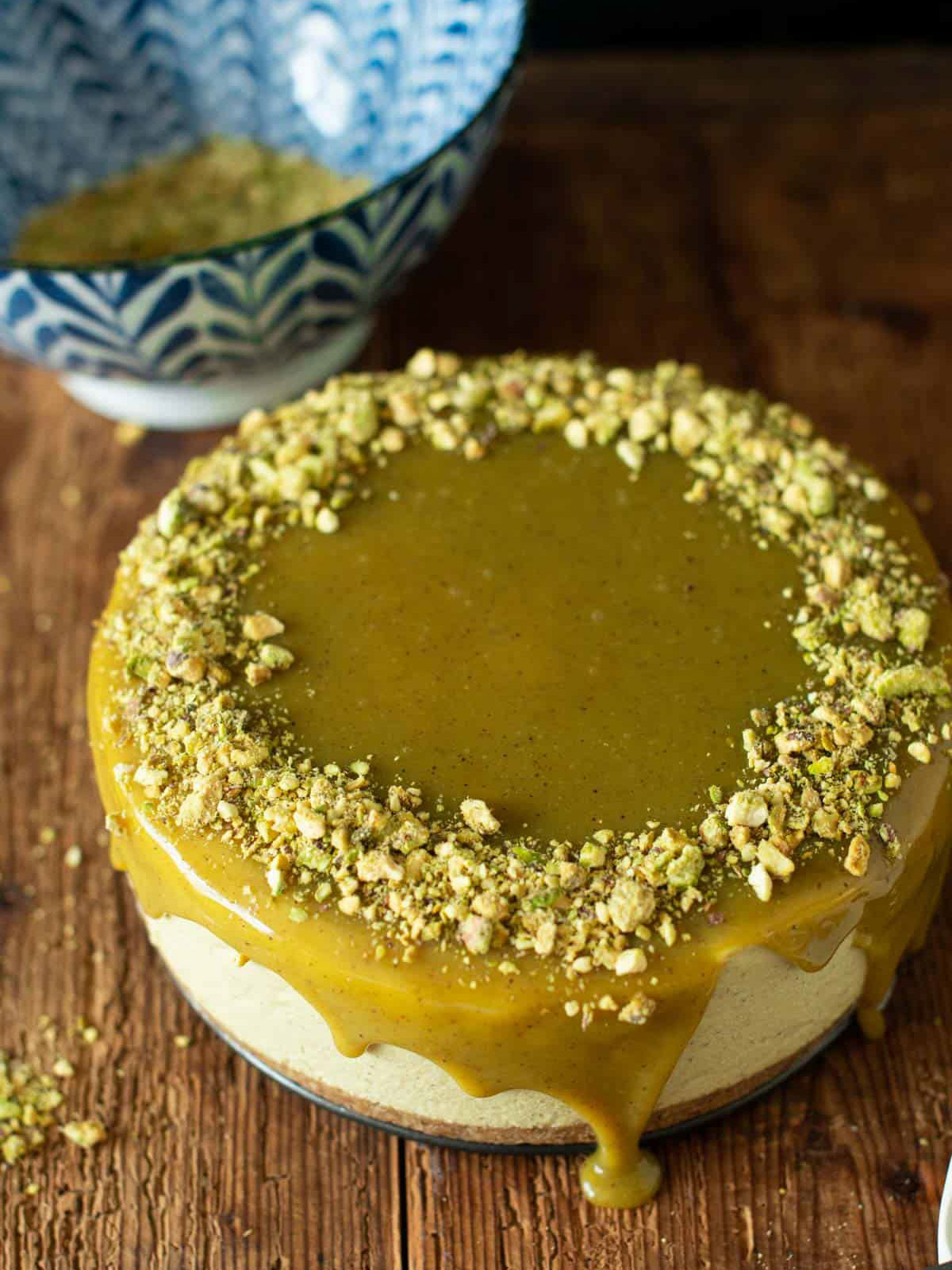image of a vegan pistachio cheesecake